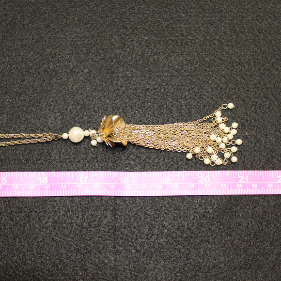 Signed LOFT Gold Tone Faux Simulated Pearl Drop Chain Tassel Rope Chain Necklace - Picture 4 of 4